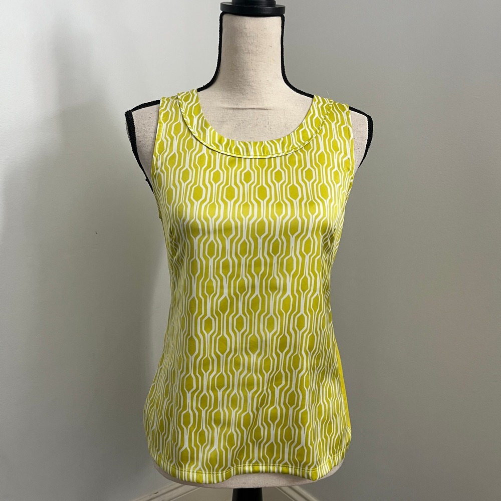 Ann Taylor Shell Blouse Womens XS Lime Yellow Geometric Mixed Media Office Top